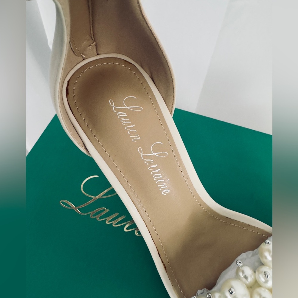LAUREN LORRAINE FIESTA PEARL EMBELLISHED ANKLE WRAP DRESS HEELS US. 7 & 8    NWT - Picture 10 of 14